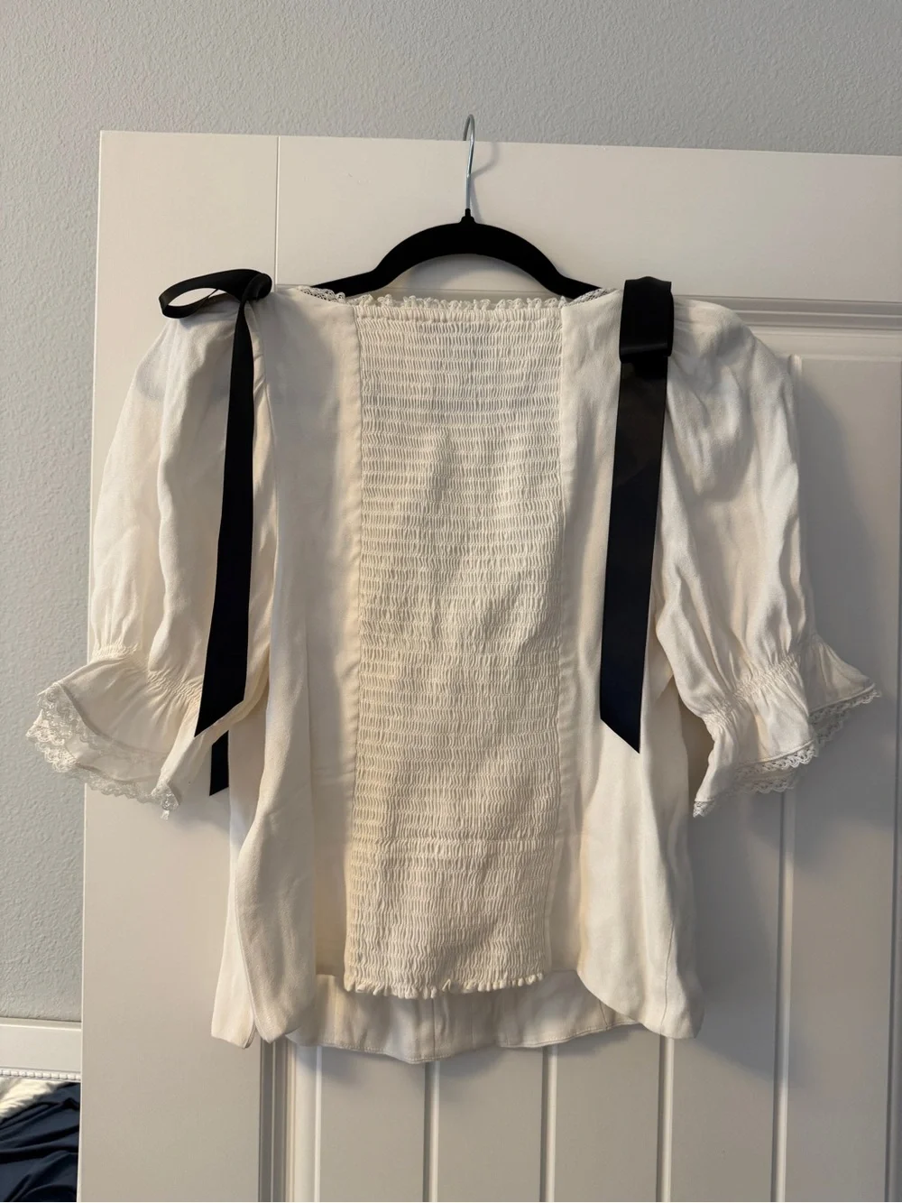 Reformation Cream Lace-Trim Puff Sleeve Top with Black Ribbon Detail